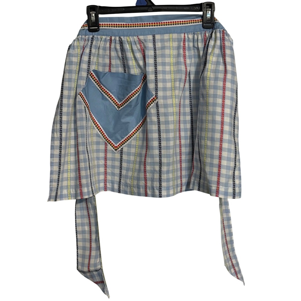 Vintage Blue Gingham Rickrack Embroidered Pocket Half Apron